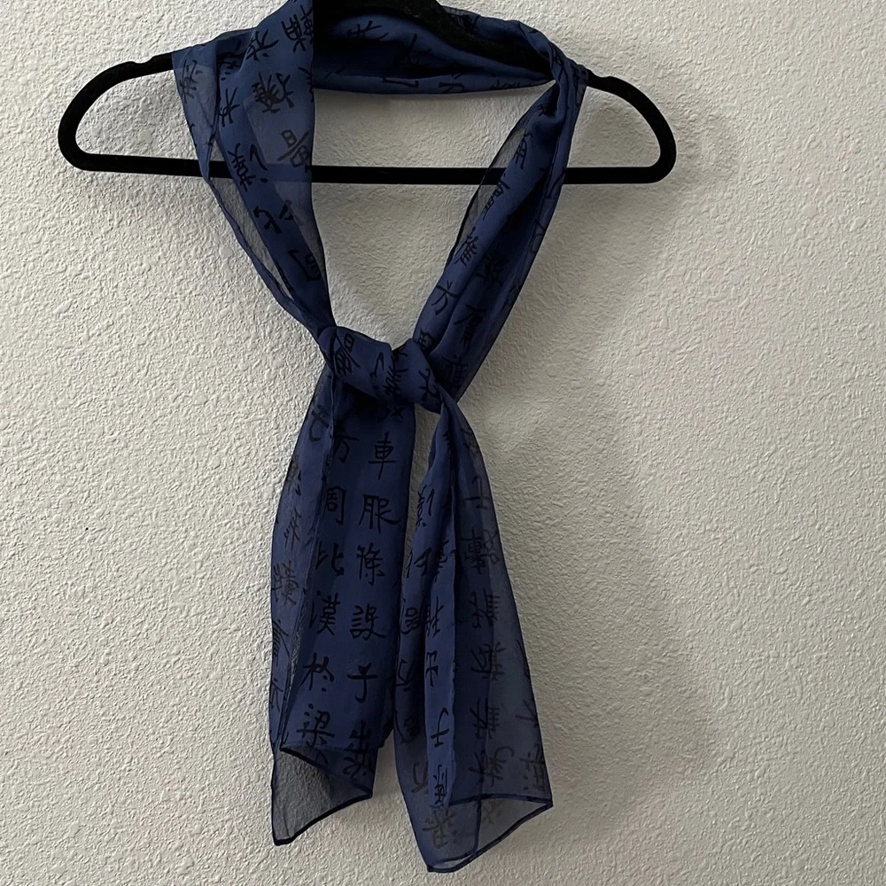100% Silk Scarf,  Asian Script by BanJara Navy, Black  13”wide 64”long Artsy
